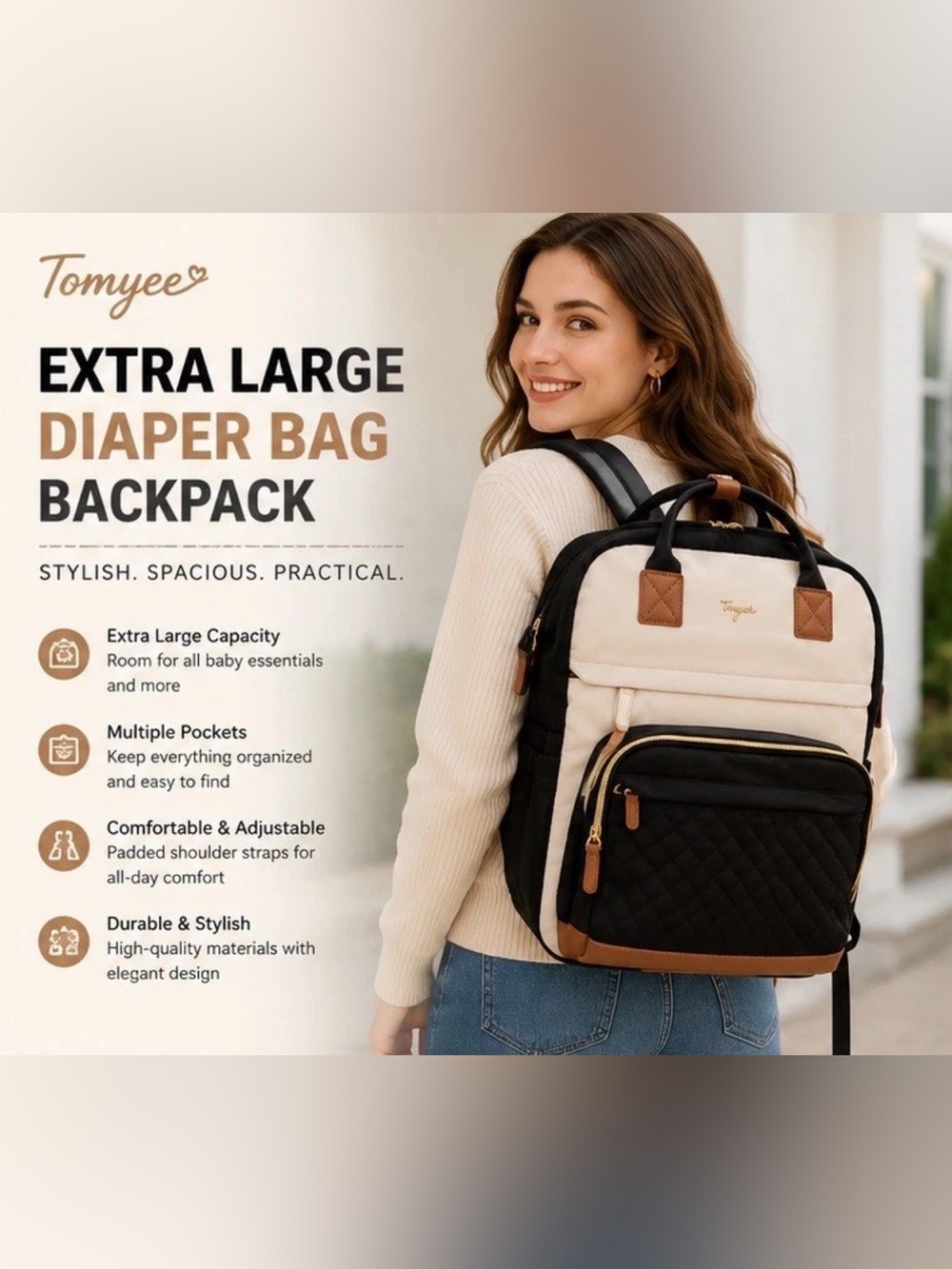Black & Cream Extra Large Diaper Backpack - Picture 7 of 7